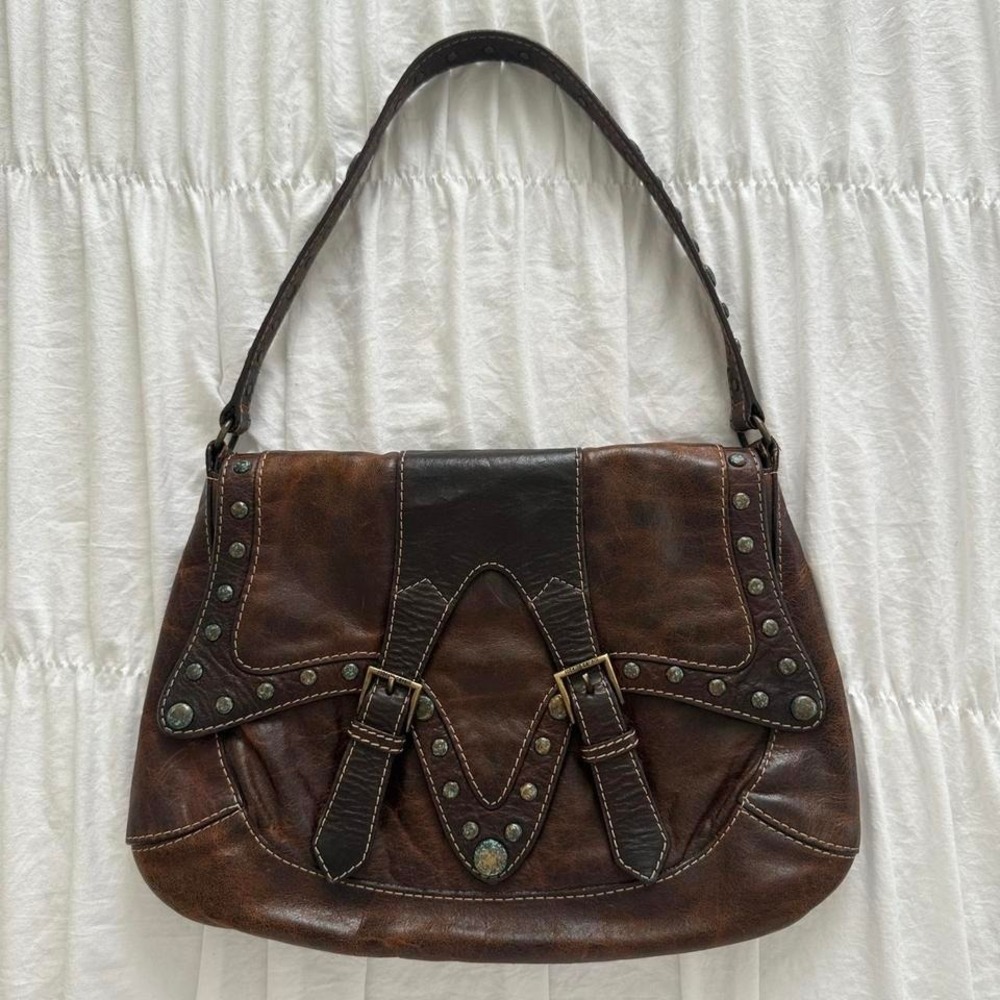 ROBERTO CAVALLI Brown Western Glam Leather Boho Turquoise Studded Structured Bag - Picture 2 of 8